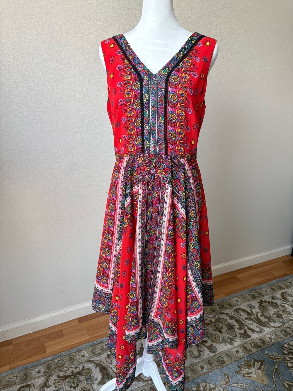 Nanette Lepore Red Floral Border V-Neck Midi Dress